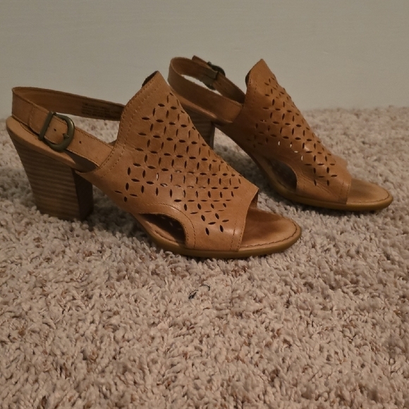 Born Shoes - Born Leather Peep Toe Women's Tan Heeled Sandals Size 11 (07gw1)